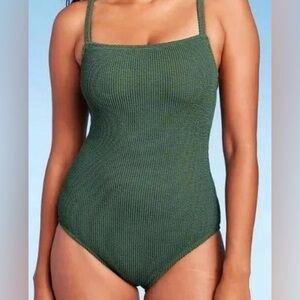 Kona Sol Pucker Ribbed Square Neck High Coverage Dark Green One Piece Swimsuit